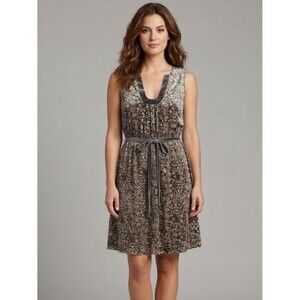 Beth Bowley 100% Silk Dress Geometric Lace Print Velvet Trim Belted Womens Size